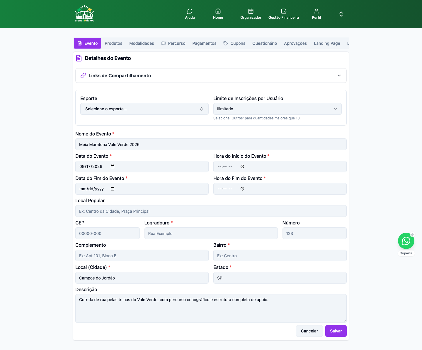 Configurar Evento → Detalhes