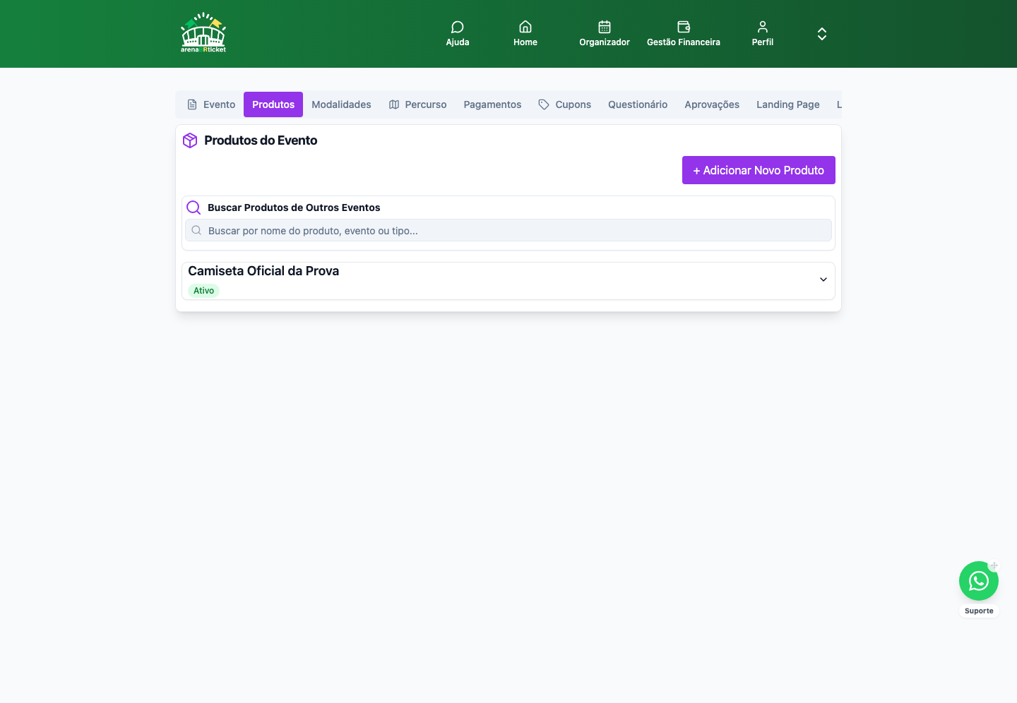 Configurar Evento → Produtos