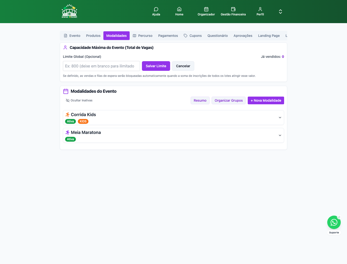 Configurar Evento → Modalidades