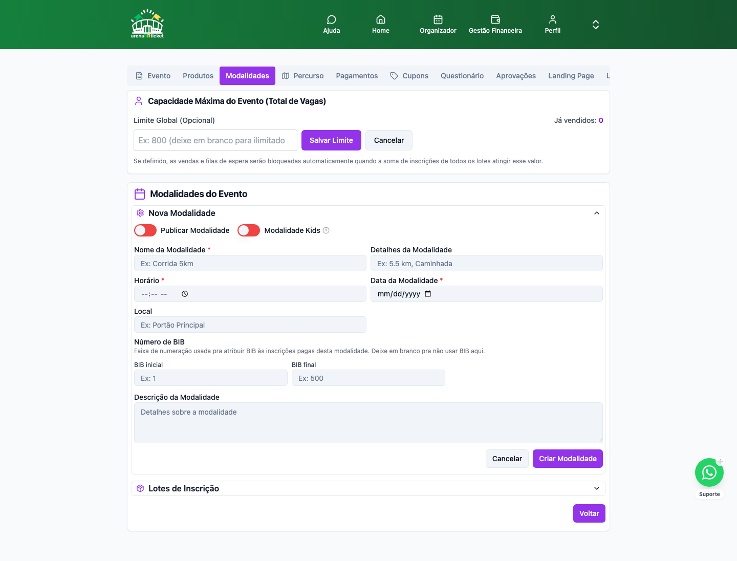 Configurar Evento → Modalidades