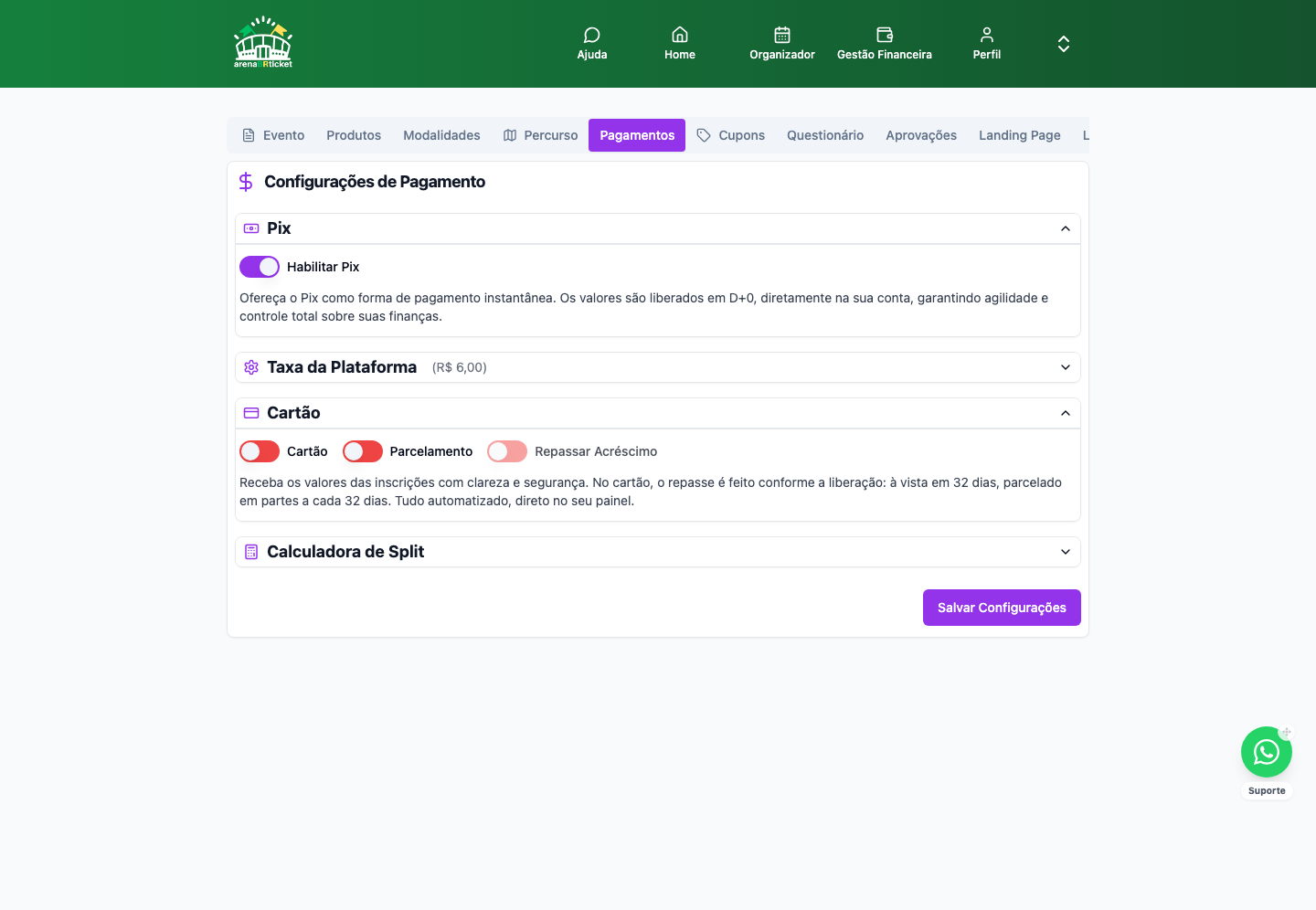 Configurar Evento → Pagamentos/Parcelamento