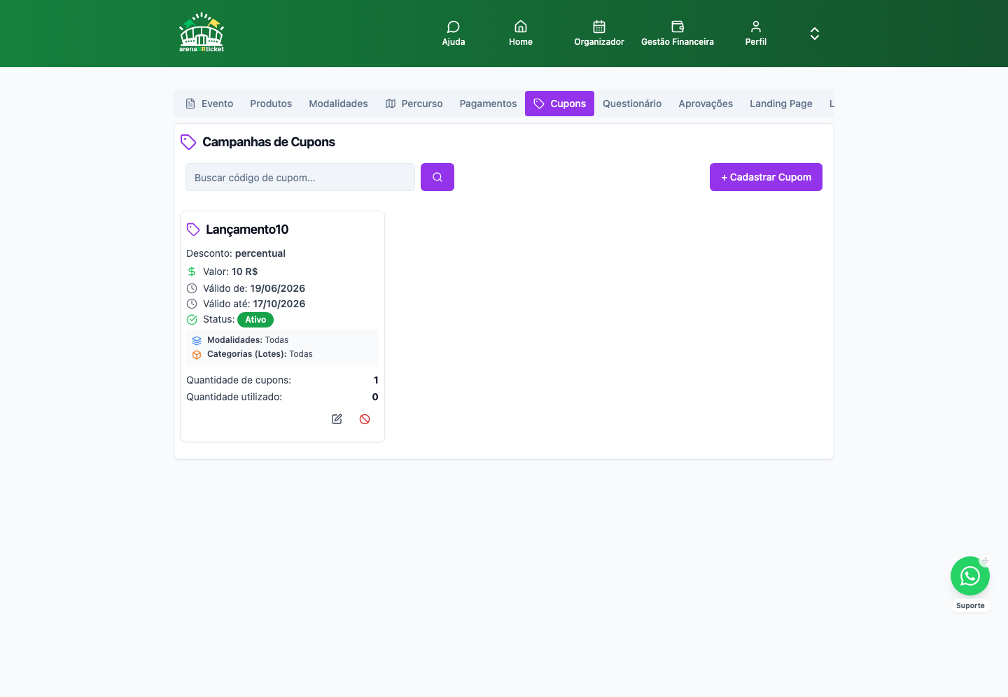 Configurar Evento → Cupons