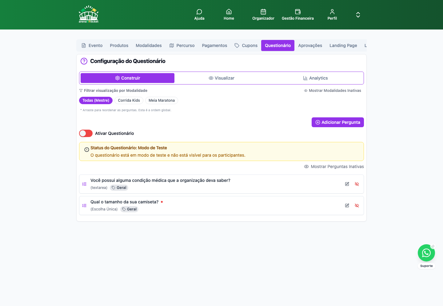 Configurar Evento → Questionário