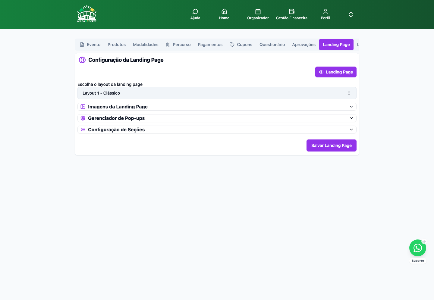Configurar Evento → Landing Page