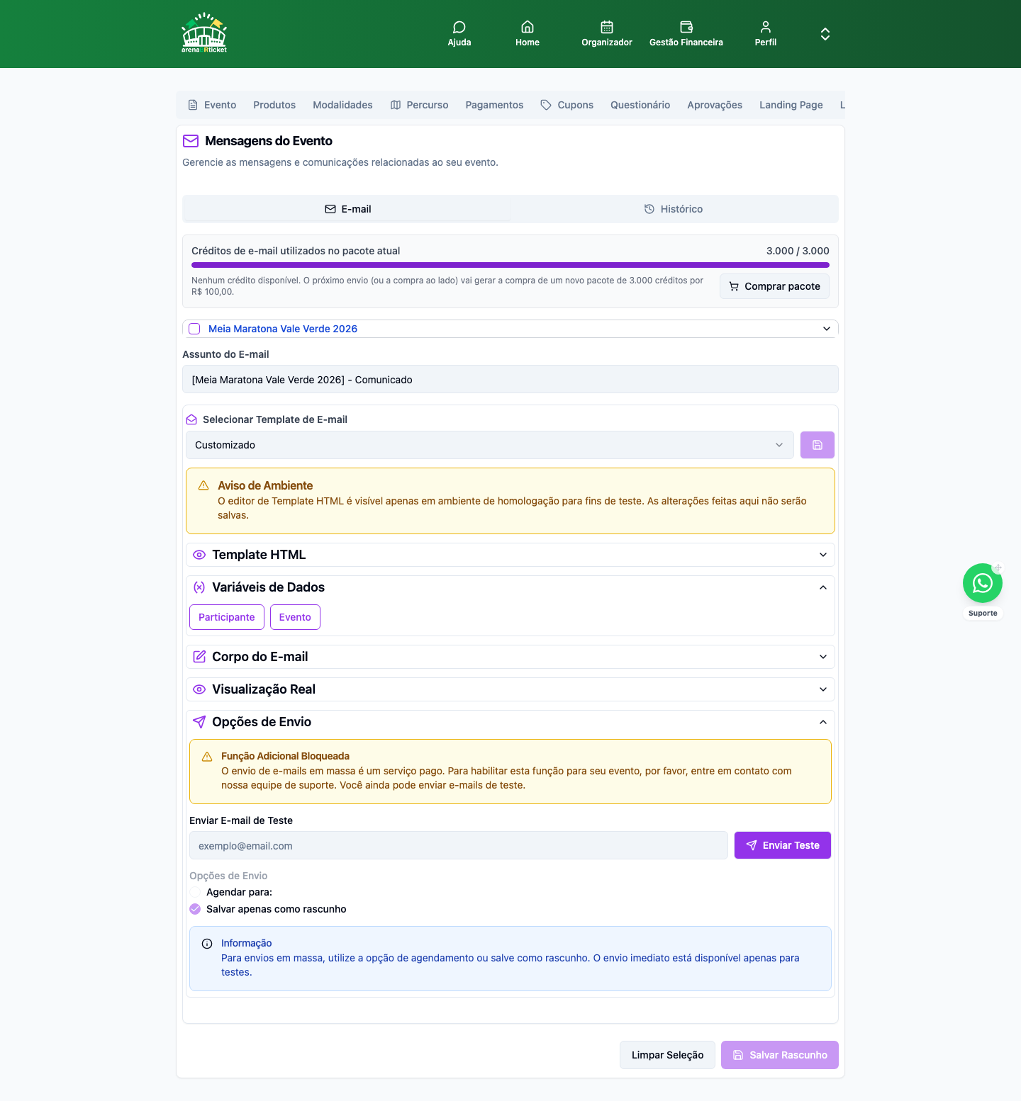 Configurar Evento → Mensagens