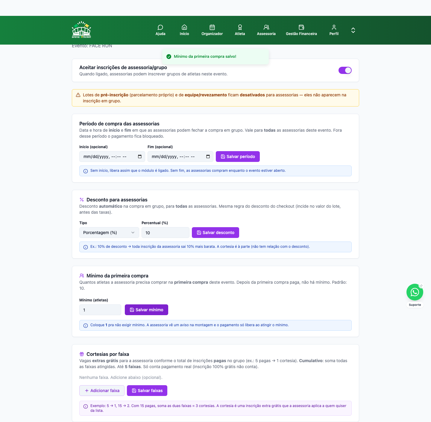 Configuração de Assessorias & Grupos no evento