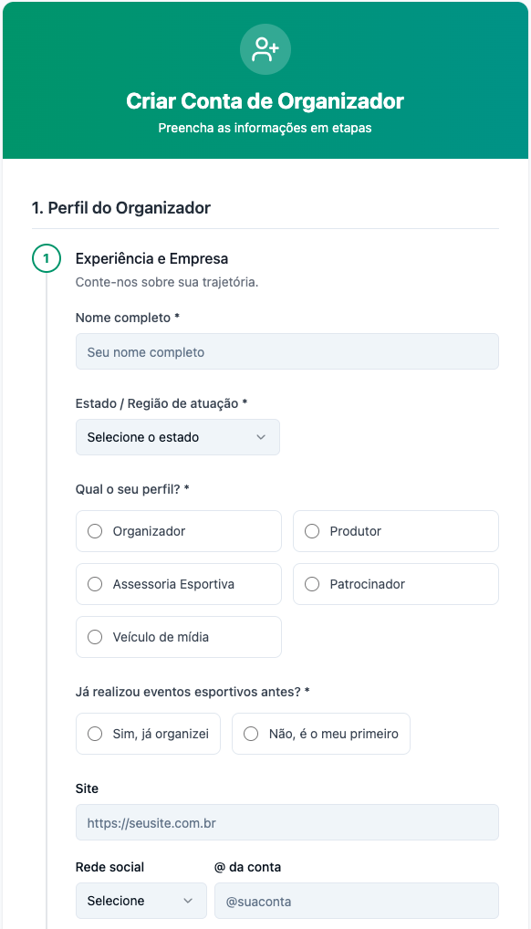 Cadastro: Questionário Inicial