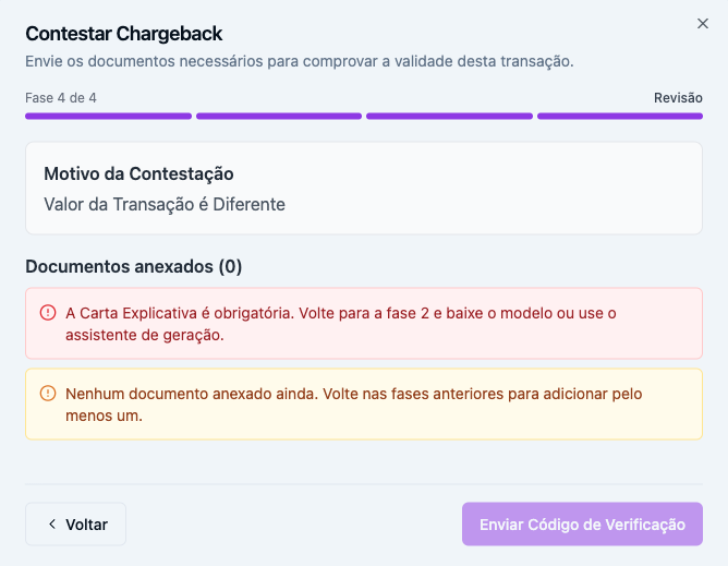 Contestar Chargeback: fase de revisão e envio