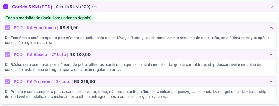 Onde o cupom se aplica: árvore de evento, modalidade e lote